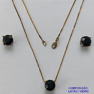 CONJUNTO NO BRUTO PRONTO PARA O BANHO - CORRENTE VENEZIANA 45CM E PINGENTE E BRINCOS COM BASE EM ALTA FUSÃO E PEDRA EM VIDRO PRETO 10X10MM - PESO TOTAL 6,8GR - BRU14699