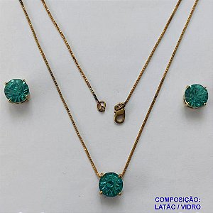 CONJUNTO NO BRUTO PRONTO PARA O BANHO - CORRENTE VENEZIANA 45CM E PINGENTE E BRINCOS COM BASE EM ALTA FUSÃO E PEDRA EM VIDRO AZUL 10X10MM - PESO TOTAL 6,8GR - BRU14700