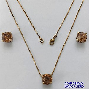 CONJUNTO NO BRUTO PRONTO PARA O BANHO - CORRENTE VENEZIANA 45CM E PINGENTE E BRINCOS COM BASE EM ALTA FUSÃO E PEDRA EM VIDRO BEGE 10X10MM - PESO TOTAL 6,8GR - BRU14701
