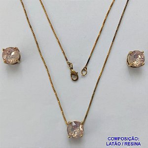 CONJUNTO NO BRUTO PRONTO PARA O BANHO - CORRENTE VENEZIANA 45CM E PINGENTE E BRINCOS COM BASE EM ALTA FUSÃO E PEDRA EM RESINA BEGE 10X10MM - PESO TOTAL 5,7GR - BRU14706