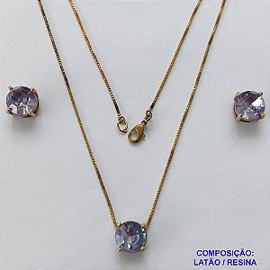 CONJUNTO NO BRUTO PRONTO PARA O BANHO - CORRENTE VENEZIANA 45CM E PINGENTE E BRINCOS COM BASE EM ALTA FUSÃO E PEDRA EM RESINA LILÁS 10X10MM - PESO TOTAL 5,7GR - BRU14707