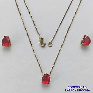 CONJUNTO NO BRUTO PRONTO PARA O BANHO - CONJUNTO COM BRINCOS DE PINO E PINGENTE BASE EM ALTA FUSÃO E PEDRA EM ZIRCÔNIA VERMELHA 8X10MM - PESO TOTAL 4,8GR - BRU14731