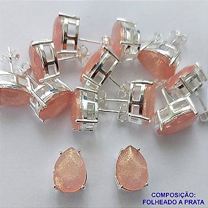 BRINCO FOLHEADA A PRATA COM 50 MILÉSIMOS + VERNIZ DIAMOND - BRINCO DE PINO BASE ALTA FUSÃO ROSA COM BRILHOS 10X14MM PRA336