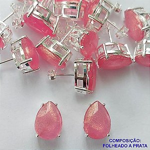 BRINCO FOLHEADA A PRATA COM 50 MILÉSIMOS + VERNIZ DIAMOND - BRINCO DE PINO BASE ALTA FUSÃO ROSA COM BRILHOS 10X14MM PRA349