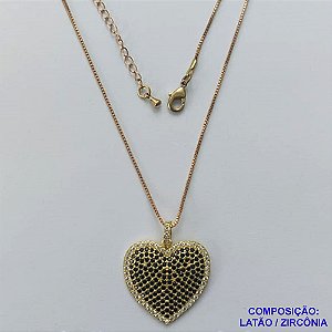 GARGANTILHA NO BRUTO PRONTA PARA O BANHO - (CX.118)  GARGANTILHA COM CORRENTE VENEZIANA 45CM + EXTENSOR E PINGENTE CORAÇÃO CRAVEJADO EM MICROS ZIRCÔNIAS NEGRAS E CRISTAIS 24MM - PESO TOTAL 5,7GR - BRU14750