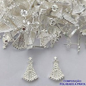 BRINCO FOLHEADA A PRATA COM 50 MILÉSIMOS + VERNIZ DIAMOND - BRINCO DE PINO NOSSA SENHORA APARECIDA 10MM PRA362