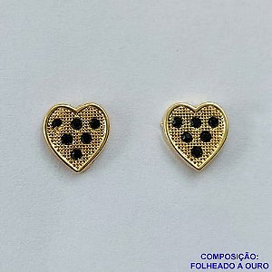 BRINCO FOLHEADO A OURO - BANHADO COM 5 MILÉSIMOS + VERNIZ DIAMOND - BRINCO DE PINO CORAÇÃO COM MICRO ZIRCÔNIAS 10MM - OURO298