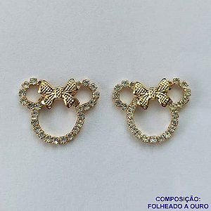 BRINCO FOLHEADO A OURO - BANHADO COM 5 MILÉSIMOS + VERNIZ DIAMOND - BRINCO DE PINO MINNIE COM LAÇO E STRASS 16MM - OURO299