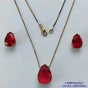 CONJUNTO NO BRUTO PRONTO PARA O BANHO(CX107) - CONJUNTO COM BRINCOS DE PINO 10X14MM E PINGENTE BASE EM ALTA FUSÃO E PEDRA EM ZIRCÔNIA 13X18MM VERMELHO - PESO TOTAL 8,9GR - BRU14804