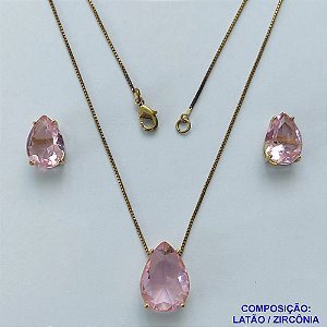 CONJUNTO NO BRUTO PRONTO PARA O BANHO(CX107) - CONJUNTO COM BRINCOS DE PINO 10X14MM E PINGENTE BASE EM ALTA FUSÃO E PEDRA EM ZIRCÔNIA 13X18MM ROSA - PESO TOTAL 8,9GR - BRU14808
