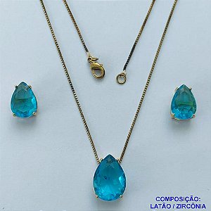 CONJUNTO NO BRUTO PRONTO PARA O BANHO(CX107) - CONJUNTO COM BRINCOS DE PINO 10X14MM E PINGENTE BASE EM ALTA FUSÃO E PEDRA EM ZIRCÔNIA 13X18MM AZUL - PESO TOTAL 8,9GR - BRU14809