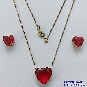 CONJUNTO NO BRUTO PRONTO PARA O BANHO - CONJUNTO COM BRINCOS DE PINO 10X10MM E PINGENTE BASE EM ALTA FUSÃO E PEDRA EM ZIRCÔNIA CORAÇÃO 13X18MM VERMELHO - PESO TOTAL 7,2GR - BRU14811