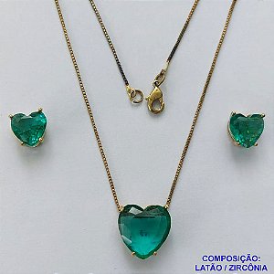 CONJUNTO NO BRUTO PRONTO PARA O BANHO - CONJUNTO COM BRINCOS DE PINO 10X10MM E PINGENTE BASE EM ALTA FUSÃO E PEDRA EM ZIRCÔNIA CORAÇÃO 13X18MM VERDE - PESO TOTAL 7,2GR - BRU14812