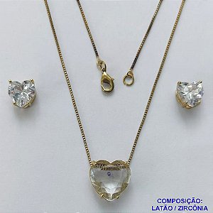 CONJUNTO NO BRUTO PRONTO PARA O BANHO - CONJUNTO COM BRINCOS DE PINO 10X10MM E PINGENTE BASE EM ALTA FUSÃO E PEDRA EM ZIRCÔNIA CORAÇÃO 13X18MM CRISTAL - PESO TOTAL 7,2GR - BRU14813