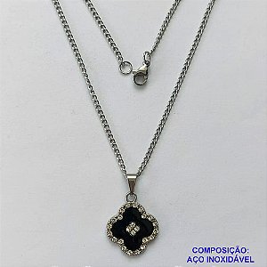 GARGANTILHA EM AÇO INOXIDÁVEL(CX119) -  GARGANTILHA COM CORRENTE 42CM E PINGENTE VAN CLEEF PRETO COM CRISTAIS 16MM - COMPOSIÇÃO: AÇO INOXIDÁVEL - AÇO1961