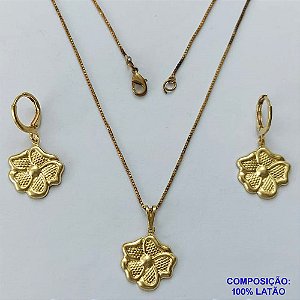 CONJUNTO NO BRUTO PRONTO PARA O BANHO(CX124) - (E3412) CONJUNTO COM CORRENTE VENEZIANA 45CM E BRINCOS E PINGENTES FLOR 15MM - PESO TOTAL 5,7GR - COMPOSIÇÃO: 100% LATÃO - BRU14843