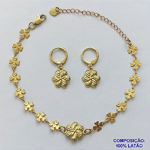 CONJUNTO NO BRUTO PRONTO PARA O BANHO(CX121) - (E3419) CONJUNTO COM PULSEIRA TODA EM TREVOS 18CM + EXTENSOR E BRINCO ARGOLINHA DE PRESSÃO (TRANQUETA)FLOR 11MM - PESO TOTAL 4,4GR - COMPOSIÇÃO: 100% LATÃO - BRU14846