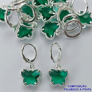 BRINCO FOLHEADO A PRATA COM 50 MILÉSIMOS + VERNIZ DIAMOND - BRINCO ARGOLINHA DE PRESSÃO (TRANQUETA) TIPO VAN CLEEF BORBOLETA VERDE VIDRO 10MM PRA373
