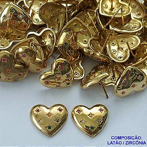 BRINCO NO BRUTO PRONTO PARA O BANHO -  (CX.123) BRINCO DE PINO CORAÇÃO CRAVEJADO EM MICROS EM ZIRCÔNIAS COLORIDAS (BX000549 MIX) - COMPOSIÇÃO: LATÃO / ZIRCÔNIA  - TAMANHO 12X14MM - PESO TOTAL 3,2GR - BRU14876