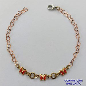PULSEIRA NO BRUTO PRONTO PARA O BANHO - (CX.30)  PULSEIRA 18CM COM BORBOLETAS VERMELHAS - COMPOSIÇÃO: 100% LATÃO - PESO TOTAL 1,7GR - BRU14888