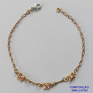 PULSEIRA NO BRUTO PRONTA PARA O BANHO -  (CX.31)  PULSEIRA 18CM COM BORBOLETAS ROSAS - COMPOSIÇÃO: 100% LATÃO - PESO TOTAL 1,7GR - BRU14892