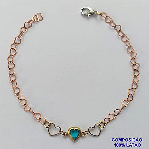 PULSEIRA NO BRUTO PRONTA PARA O BANHO - PULSEIRA 18CM COM CORAÇÕES VAZADOS E CORAÇÃO AZUL - COMPOSIÇÃO: 100% LATÃO - PESO TOTAL 1,4GR - BRU14898