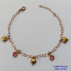 PULSEIRA NO BRUTO PRONTA PARA O BANHO - (CX.30)  PULSEIRA 18CM COM CORAÇÕES DUPLOS E CRISTAL ROSA - COMPOSIÇÃO: 100% LATÃO - PESO TOTAL 1,8GR - BRU14900