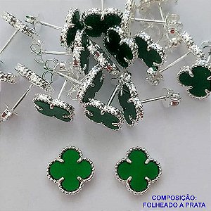 BRINCO FOLHEADO A PRATA COM 50 MILÉSIMOS + VERNIZ DIAMOND - BRINCO DE PINO TIPO VAN CLEEF VERDE RESINA 10MM PRA385