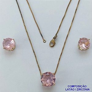 CONJUNTO NO BRUTO PRONTO PARA O BANHO - CONJUNTO ALTA FUSÃO COM BRINCOS DE PINO 10X10MM E PINGENTE COM PEDRA EM ZIRCÔNIA 12X12MM ROSA - PESO TOTAL 5,8GR - BRU14909