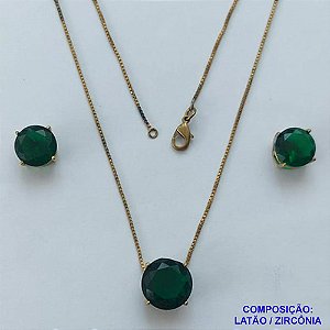 CONJUNTO NO BRUTO PRONTO PARA O BANHO - CONJUNTO ALTA FUSÃO COM BRINCOS DE PINO 10X10MM E PINGENTE COM PEDRA EM ZIRCÔNIA 12X12MM VERDE ESCURA - PESO TOTAL 5,8GR - BRU14910