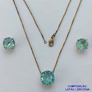 CONJUNTO NO BRUTO PRONTO PARA O BANHO - CONJUNTO ALTA FUSÃO COM BRINCOS DE PINO 10X10MM E PINGENTE COM PEDRA EM ZIRCÔNIA 12X12MM AZUL CLARO - PESO TOTAL 5,8GR - BRU14912