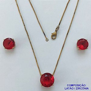 CONJUNTO NO BRUTO PRONTO PARA O BANHO - CONJUNTO ALTA FUSÃO COM BRINCOS DE PINO 10X10MM E PINGENTE COM PEDRA EM ZIRCÔNIA 12X12MM VERMELHO - PESO TOTAL 5,8GR - BRU14913