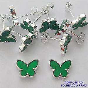 BRINCO FOLHEADO A PRATA COM 50 MILÉSIMOS + VERNIZ DIAMOND - BRINCO ARGOLINHA DE PRESSÃO (TRANQUETA)  VAN CLEEF BORBOLETA VERDE 10MM PRA394