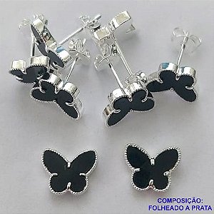BRINCO FOLHEADO A PRATA COM 50 MILÉSIMOS + VERNIZ DIAMOND - BRINCO DE PINO VAN CLEFF BORBOLETA PRETA 8MM PRA397