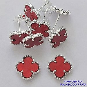 BRINCO FOLHEADO A PRATA COM 50 MILÉSIMOS + VERNIZ DIAMOND - BRINCO DE PINO VAN CLEFF VERMELHO RESINA 10MM PRA399