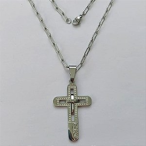 GARGANTILHA EM AÇO INOXIDÁVEL - (12753)  (CX.123)  GARGANTILHA COM CORRENTE 60CM E PINGENTE CRUCIFIXO DUPLO VAZADO E DESENHADO 20X37MM - COMPOSIÇÃO: AÇO INOXIDÁVEL - AÇO1981