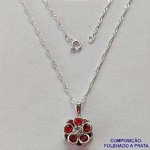 GARGANTILHA FOLHEADA A PRATA COM 50 MILÉSIMOS + VERNIZ DIAMOND - GARGANTILHA CORRENTE 45CM PINGENTE FLOR DE VIDRO VERMELHA 14MM - FECHO LAGOSTA PRA402
