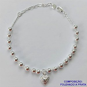 PULSEIRA FOLHEADA A PRATA COM 50 MILÉSIMOS + VERNIZ DIAMOND - PULSEIRA COM BOLINHSAS E CORAÇÃO DESENHADO - TAMANHO: 17CM E  FECHO LAGOSTA PRA404
