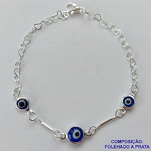 PULSEIRA FOLHEADA A PRATA COM 50 MILÉSIMOS + VERNIZ DIAMOND - PULSEIRA COM OLHOS GREGOS - TAMANHO: 18CM E  FECHO LAGOSTA PRA405