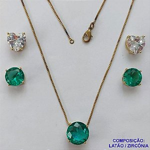 CONJUNTO NO BRUTO PRONTO PARA O BANHO - CONJUNTO ALTA FUSÃO COM 2 PARES DE BRINCOS DE PINO 10X10MM E PINGENTE COM PEDRA EM ZIRCÔNIA 12X12MM VERDE  - PESO TOTAL 5,8GR - BRU14926