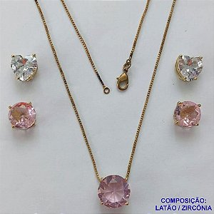 CONJUNTO NO BRUTO PRONTO PARA O BANHO - CONJUNTO ALTA FUSÃO COM 2 PARES DE BRINCOS DE PINO 10X10MM E PINGENTE COM PEDRA EM ZIRCÔNIA 12X12MM ROSA  - PESO TOTAL 5,8GR - BRU14927
