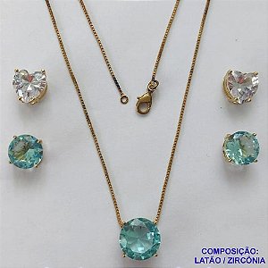 CONJUNTO NO BRUTO PRONTO PARA O BANHO - CONJUNTO ALTA FUSÃO COM 2 PARES DE BRINCOS DE PINO 10X10MM E PINGENTE COM PEDRA EM ZIRCÔNIA 12X12MM AZUL  - PESO TOTAL 5,8GR - BRU14930