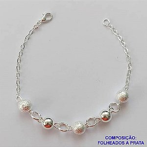 PULSEIRA FOLHEADA A PRATA COM 50 MILÉSIMOS + VERNIZ DIAMOND - PULSEIRA BOLINHAS LISAS E BRILHANTES - TAMANHO: 18CM E  FECHO LAGOSTA PRA411