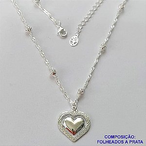 GARGANTILHA FOLHEADO A PRATA COM 50 MILÉSIMOS + VERNIZ DIAMOND - GARGANTILHA CORRENTE BOLINHAS SINGAPURA 40CM PINGENTE CORAÇÃO 17MM + FECHO LAGOSTA - PRA415