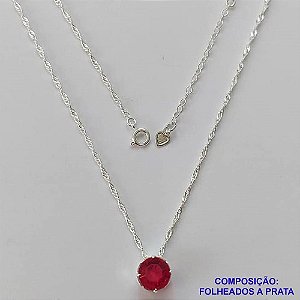 GARGANTILHA FOLHEADO A PRATA COM 50 MILÉSIMOS + VERNIZ DIAMOND - GARGANTILHA CORRENTE SINGAPURA 40CM PINGENTE RESINA ROSA 9MM + EXTENSOR - PRA417