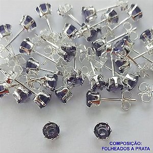 BRINCO FOLHEADA A PRATA COM 50 MILÉSIMOS + VERNIZ DIAMOND - BRINCO DE PINO ZIRCÔNIA LILÁS 5MM PRA420