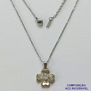 GARGANTILHA EM AÇO INOXIDÁVEL  - (CX.37)  GARGANTILHA COM CORRENTE CADEADO 40CM E PINGENTE TREVO COM ZIRCÔNIA 16MM + EXTENSOR - COMPOSIÇÃO: AÇO INOXIDÁVEL - AÇO1989