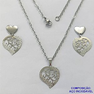 CONJUNTO EM AÇO INOXIDÁVEL - CONJUNTO EM AÇO INOXIDÁVEL CORRENTE 50CM (AÇO03) BRINCO DE PINO BASE CORAÇÃO E PINGENTE CORAÇÕES DETALHES VAZADOS 19MM - COMPOSIÇÃO: AÇO INOXIDÁVEL -  AÇO1995