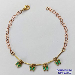 PULSEIRA NO BRUTO PRONTO PARA O BANHO - (CX.15)  PULSEIRA 18CM COM BORBOLETAS VERDES - COMPOSIÇÃO: 100% LATÃO - PESO TOTAL 2GR - BRU14953