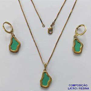CONJUNTO NO BRUTO PRONTO PARA O BANHO(CX124) - CORRENTE VENEZIANA 45CM E PINGENTE E BRINCOS ARGOLINHAS DE PRESSÃO NUVEM VERDES 10X17MM - PESO: 6,3GR - BRU14959